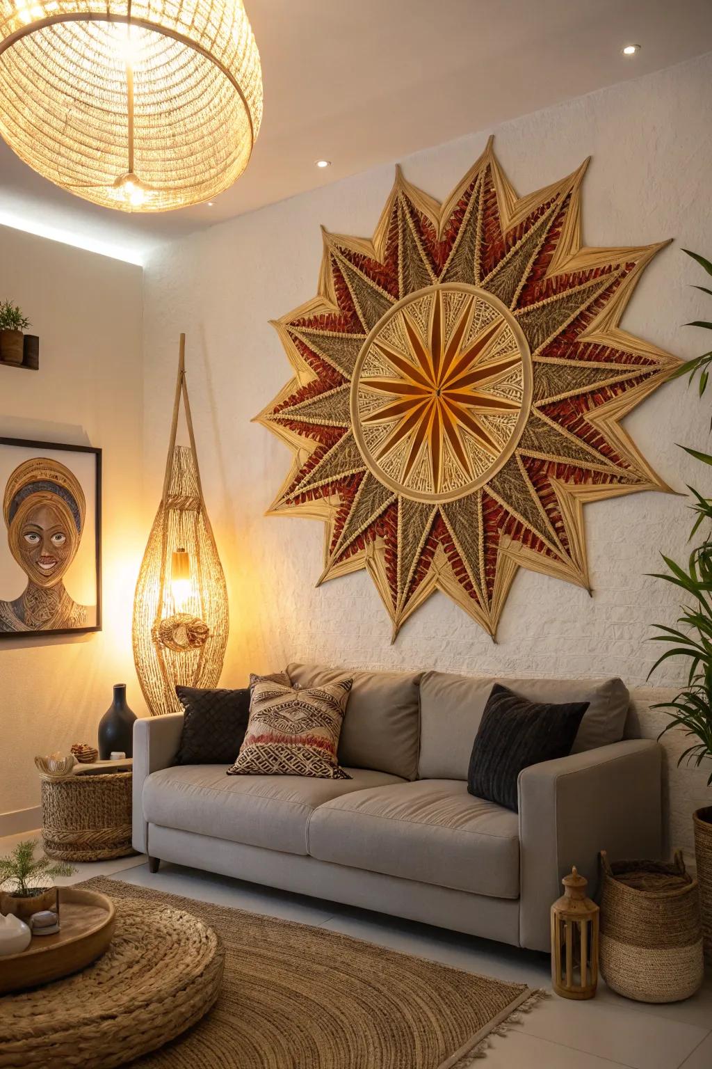 Create a stunning focal point with straw starburst wall art.