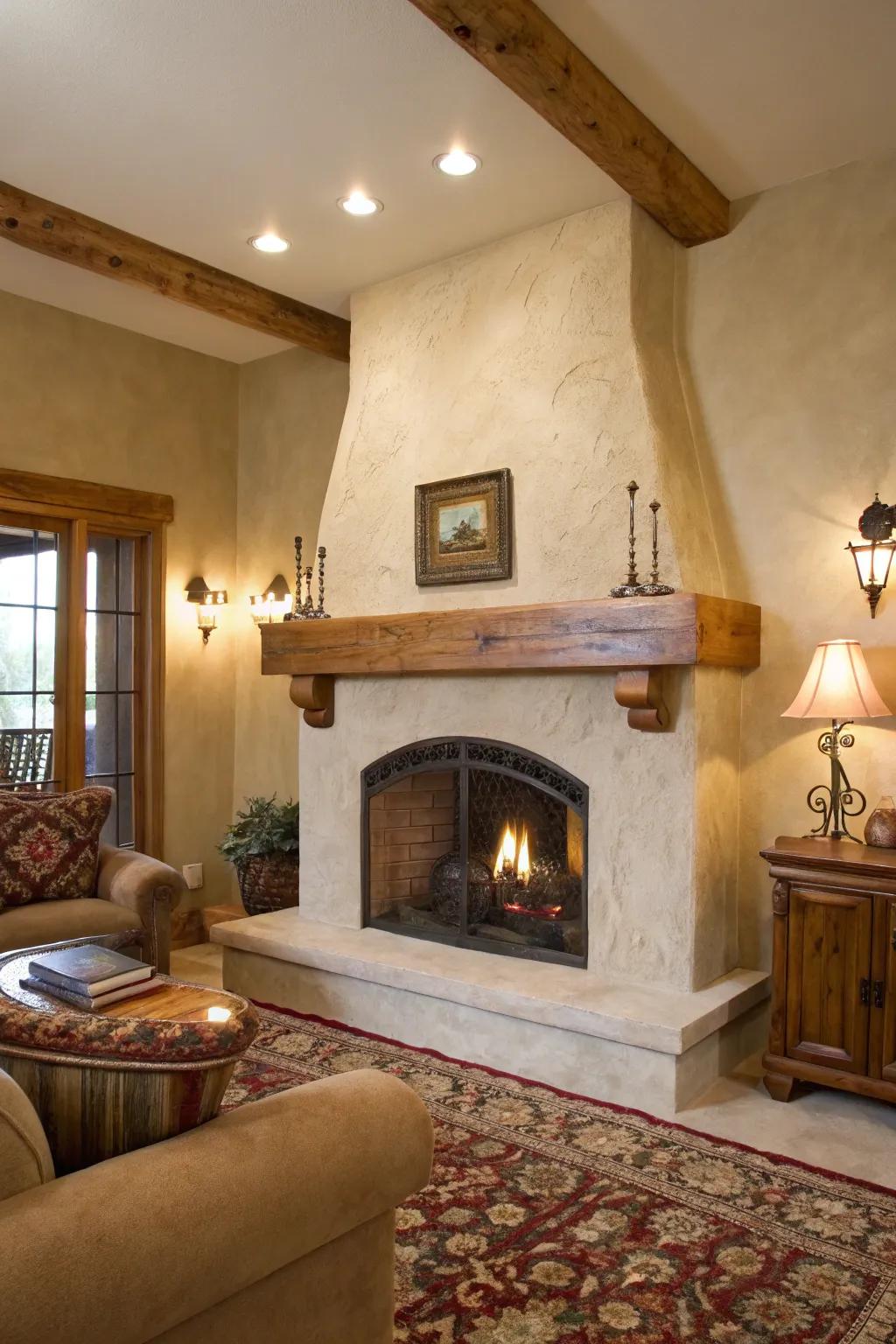 A rustic stucco fireplace with a natural wood mantle brings warmth to any living room.