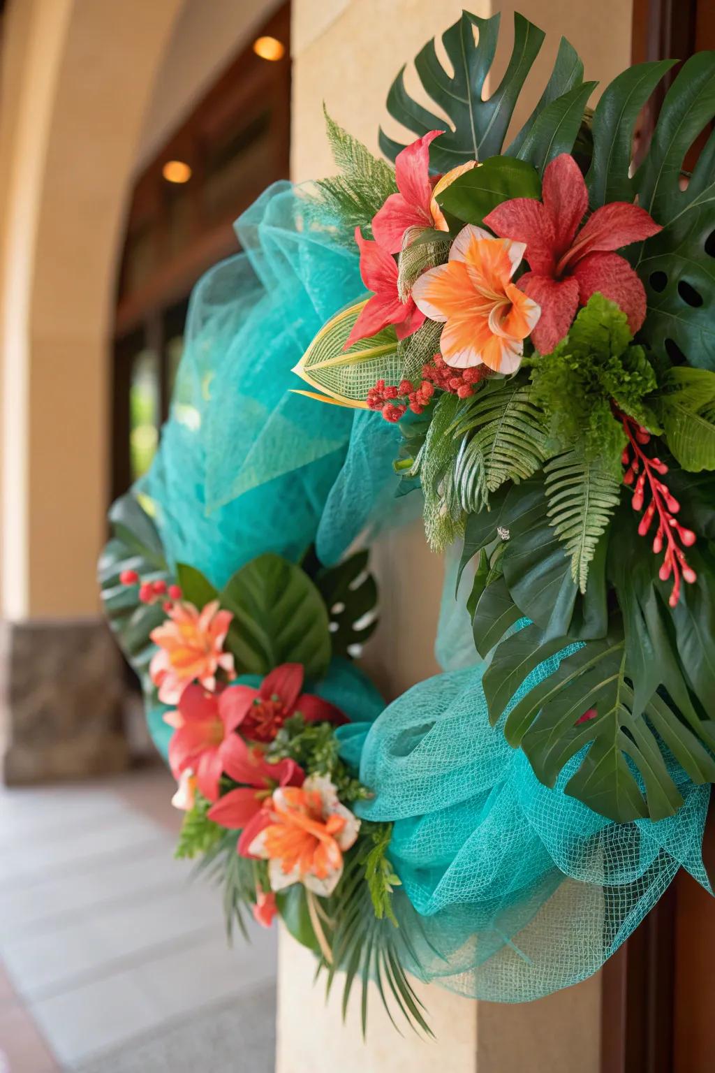 A tropical paradise mesh wreath perfect for summer.