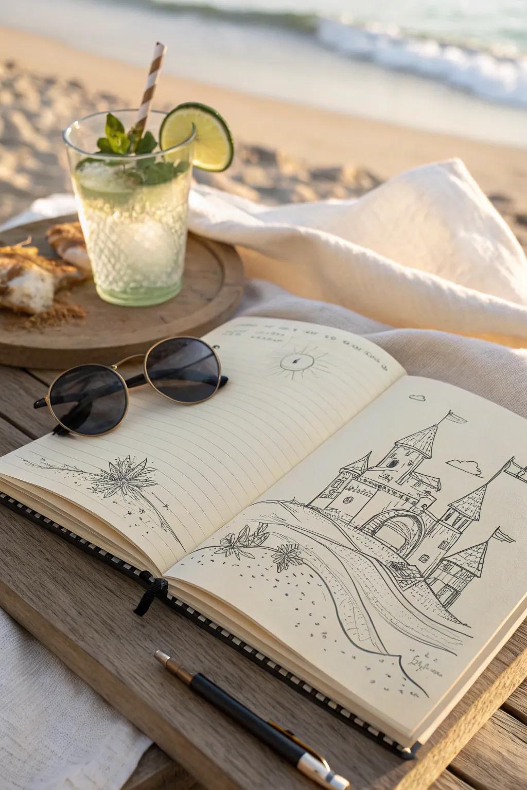 Capture the essence of summer with serene beach sketches in your minimalist journal.