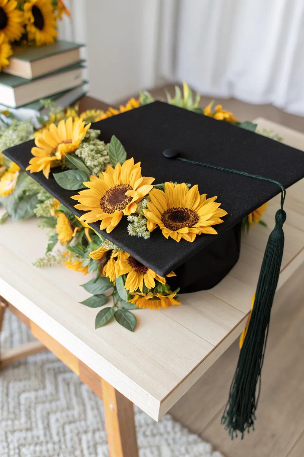 Celebrate your achievement with a touch of sunny elegance: a sunflower-framed graduation cap that's both cheerful and stylish.