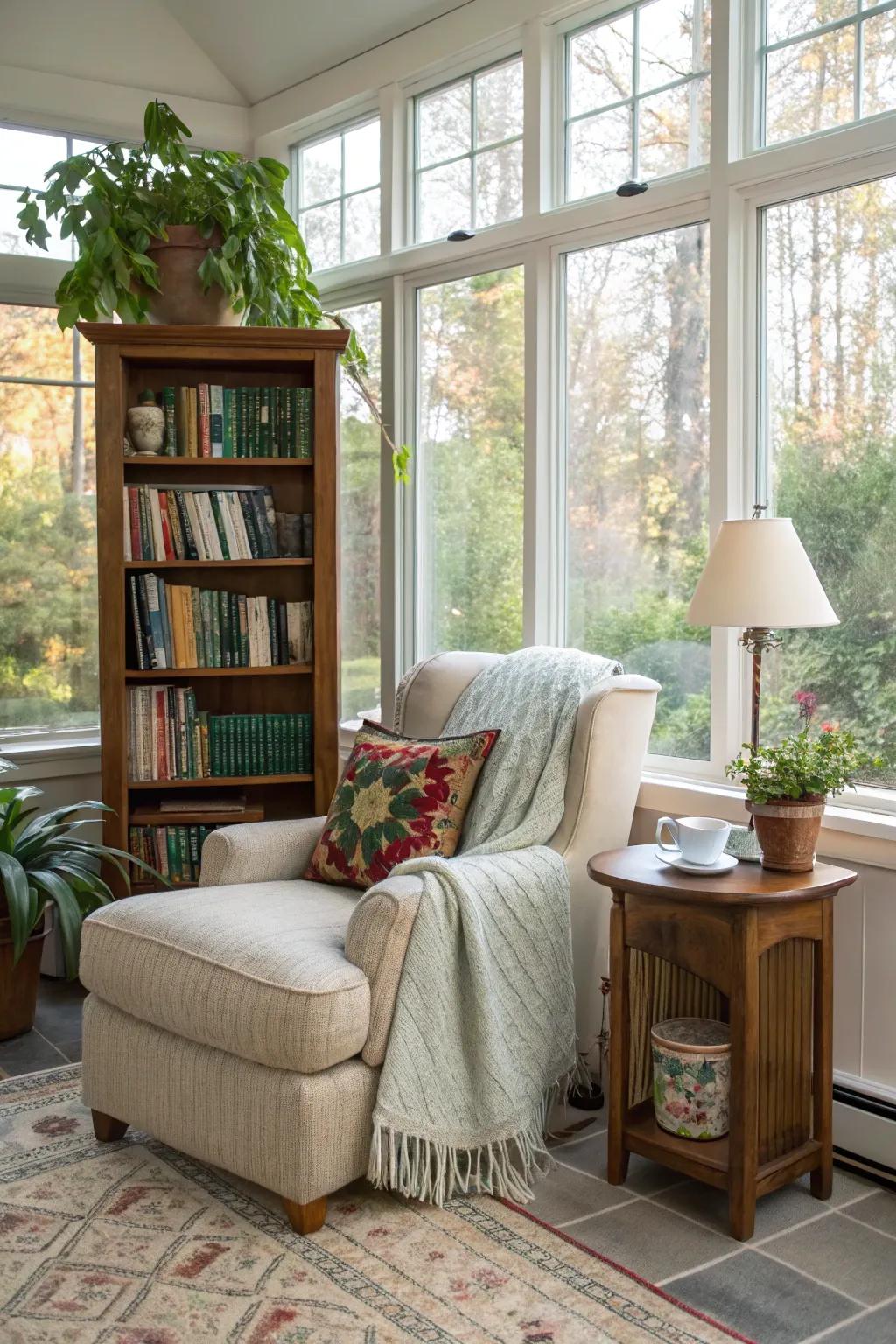 A cozy reading nook in a sunroom filled with natural light and comfort.