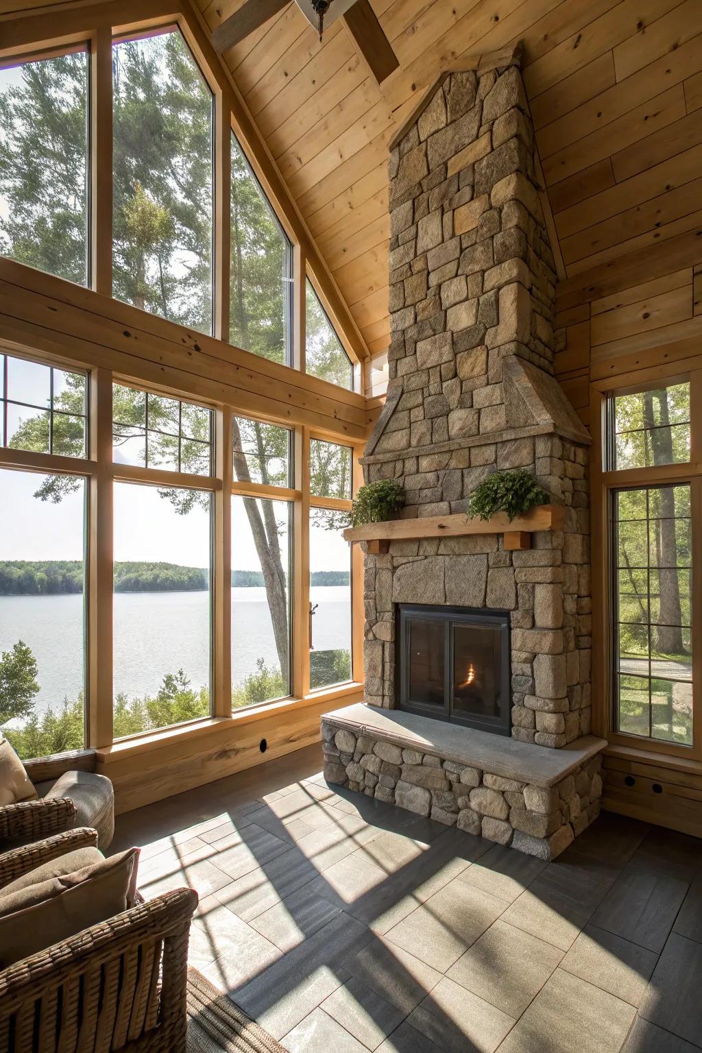 A stone fireplace reaching the ceiling, adding rustic charm to a sunroom's serene lake view.