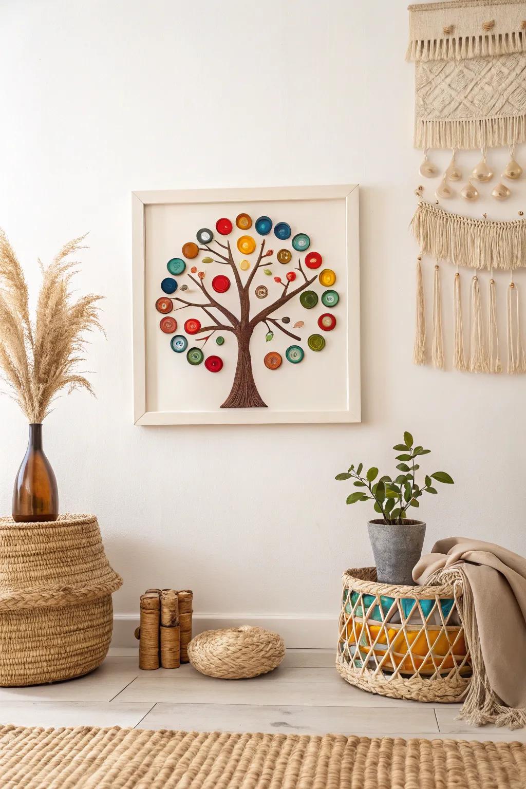 Transforming waste into wonder: A vibrant bottle cap tree art for your sustainable sanctuary.