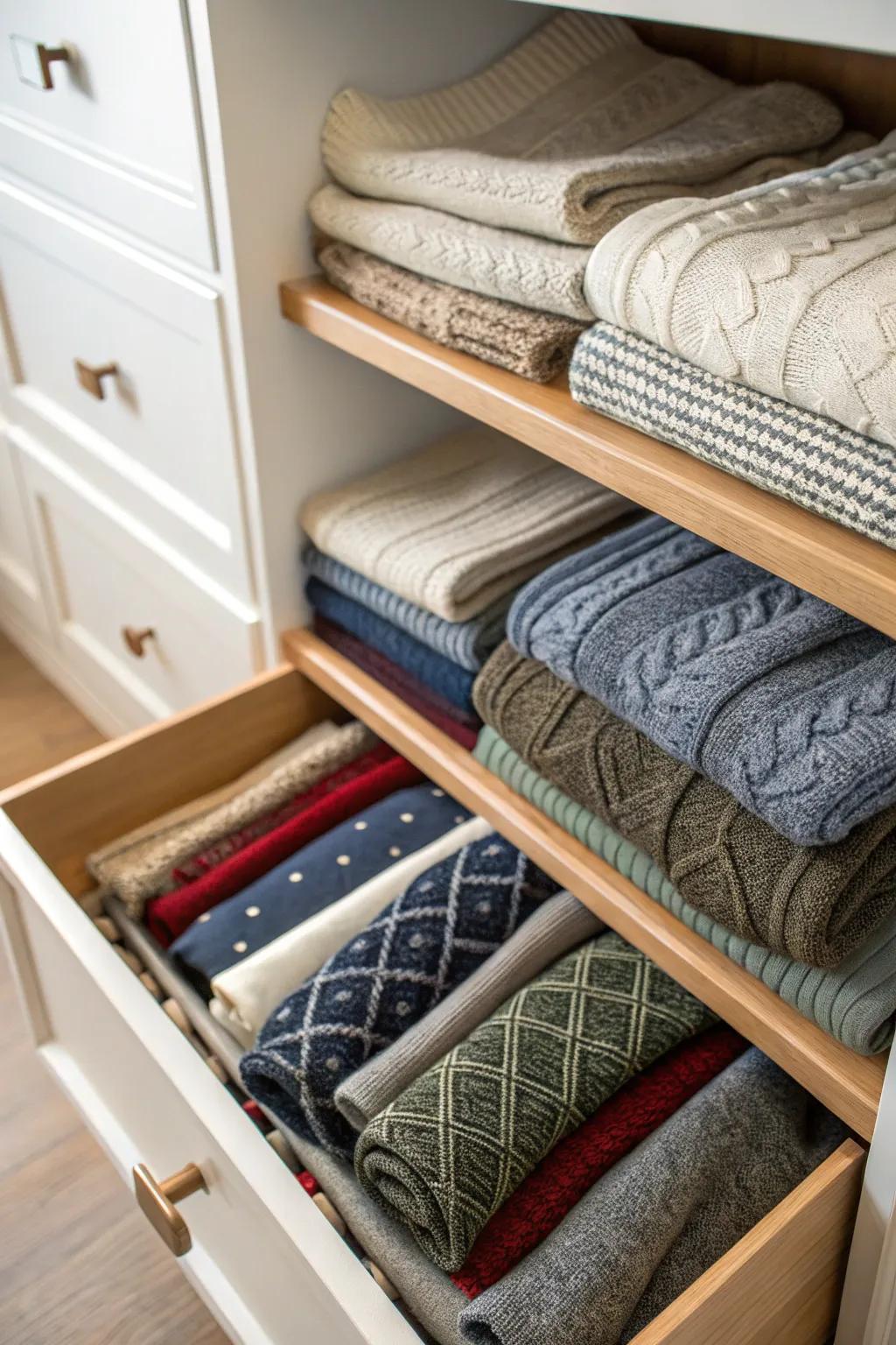 Neatly folded sweaters with shelf dividers for easy access.