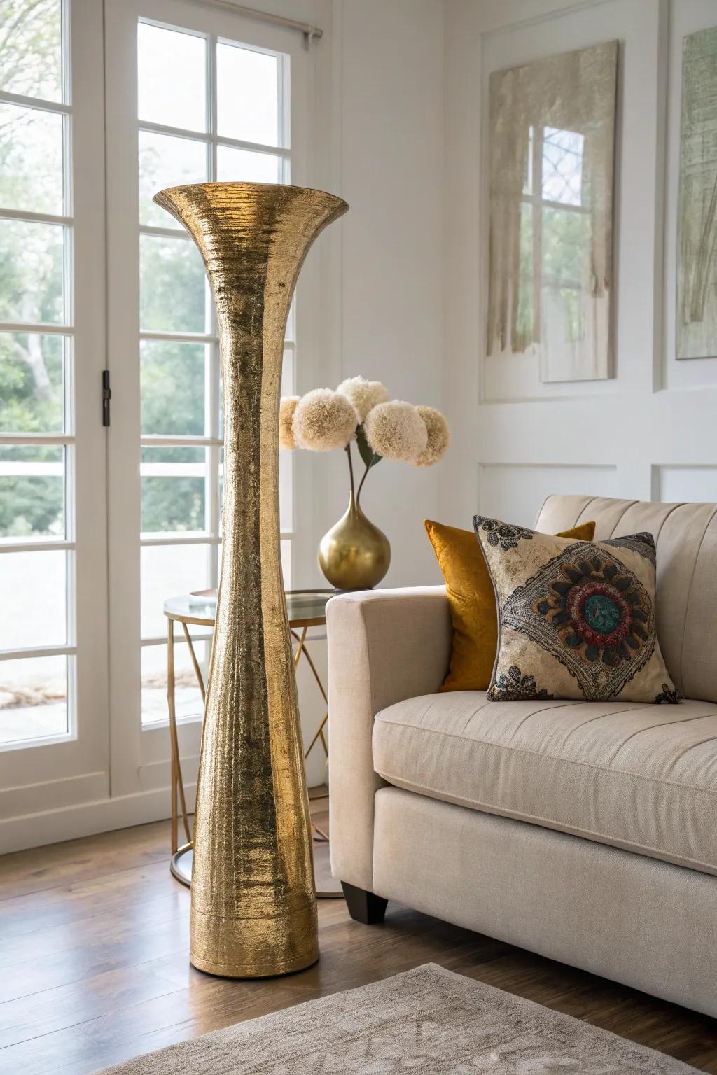 A metallic vase adds a glamorous touch to any living room.