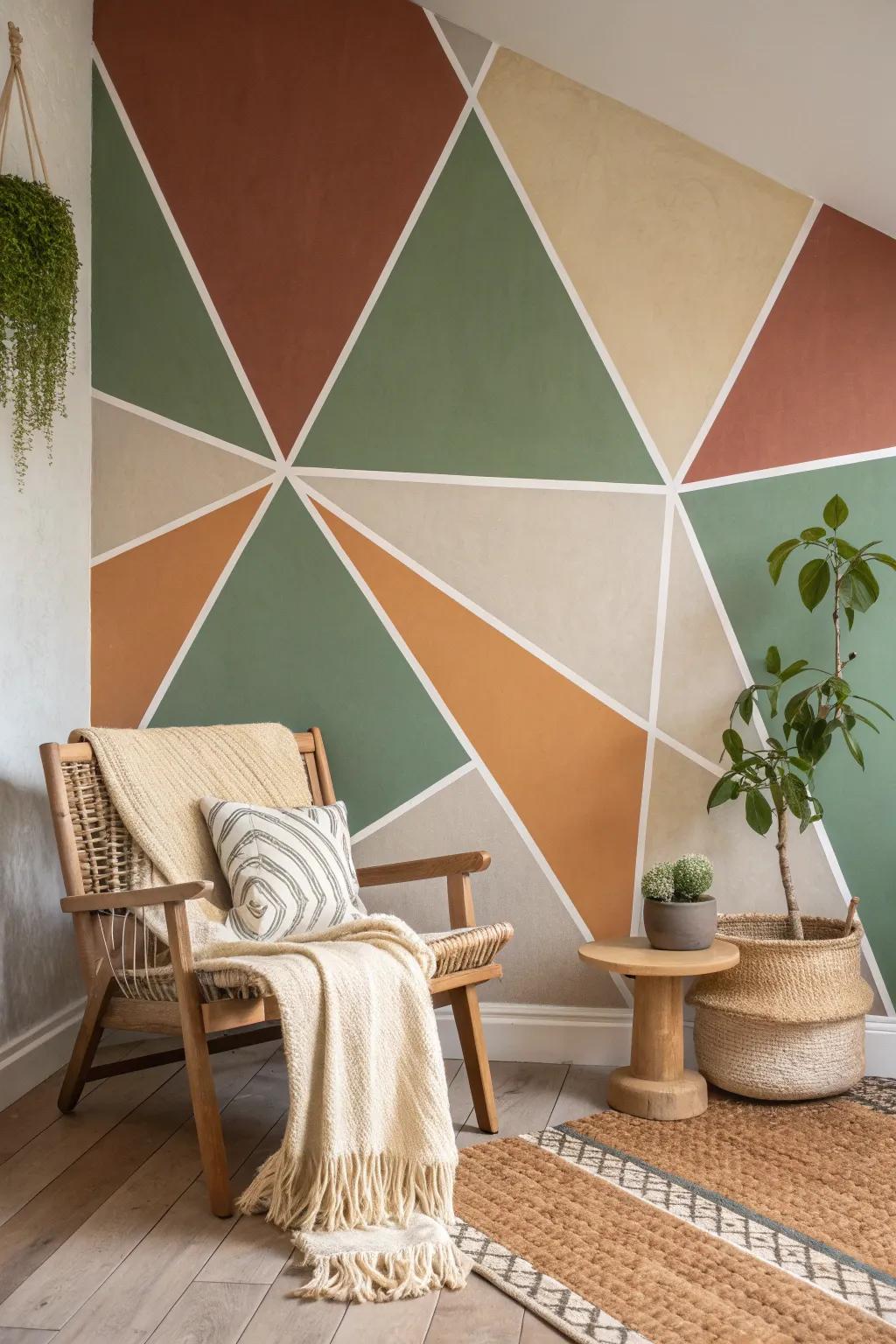Transform your space with bold geometric wall designs that blend Scandinavian simplicity with Boho charm.