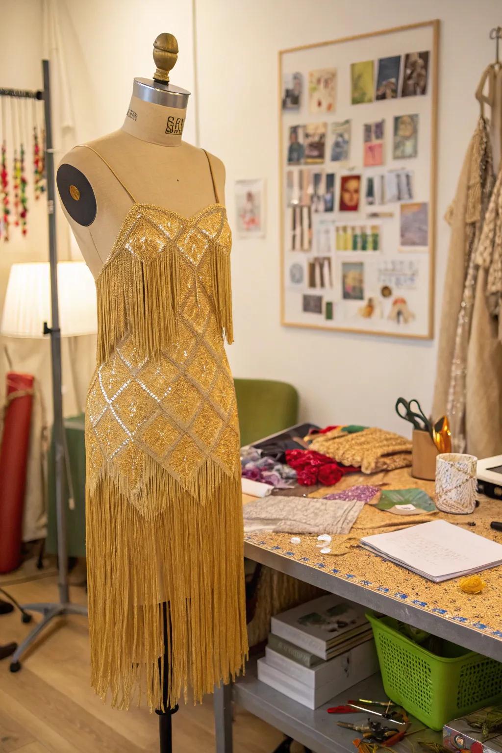 A golden fringe dress, perfect for a Taylor Swift Fearless-inspired costume.