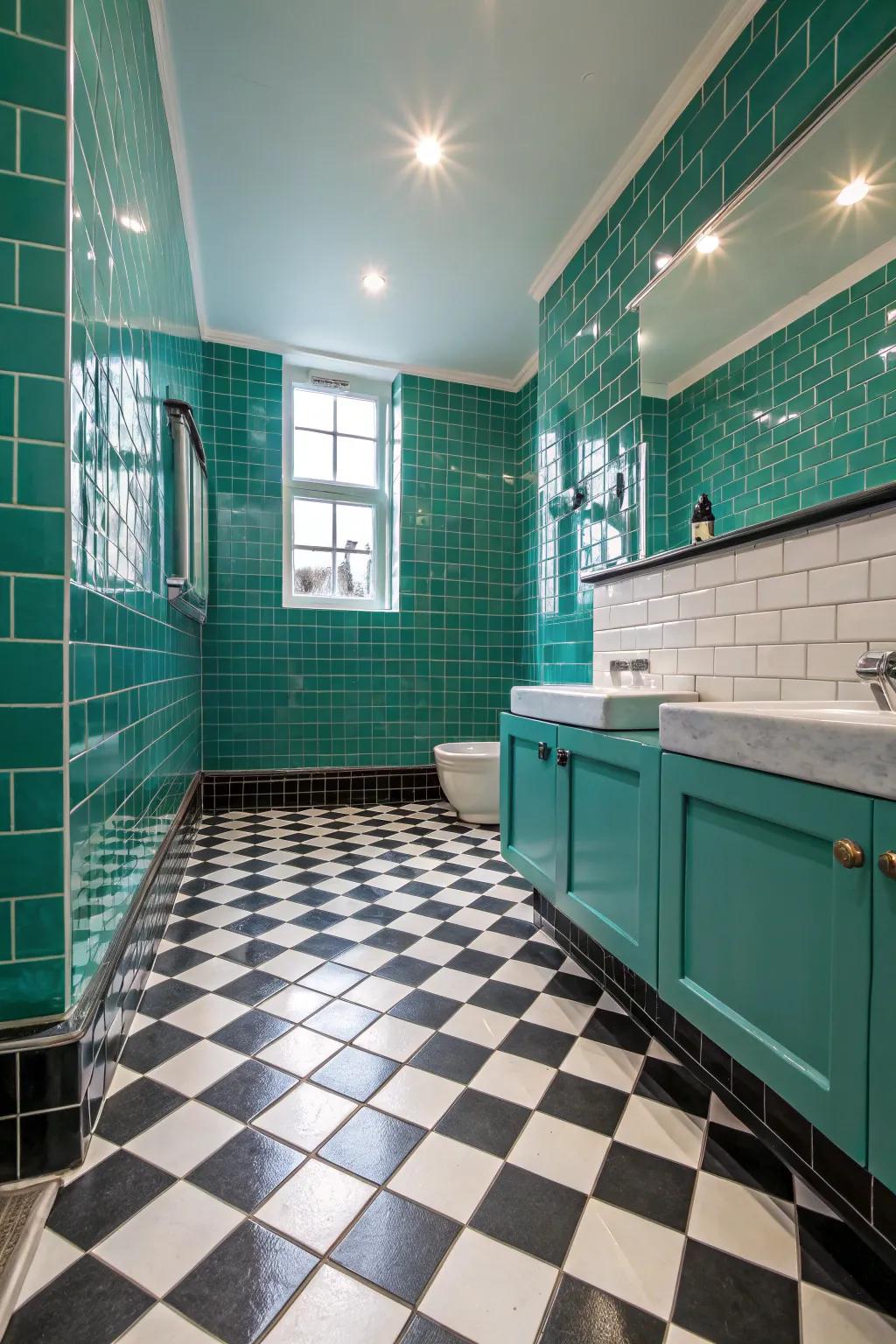 A bold Art Deco bathroom with teal tiles and contrasting checkerboard floors.