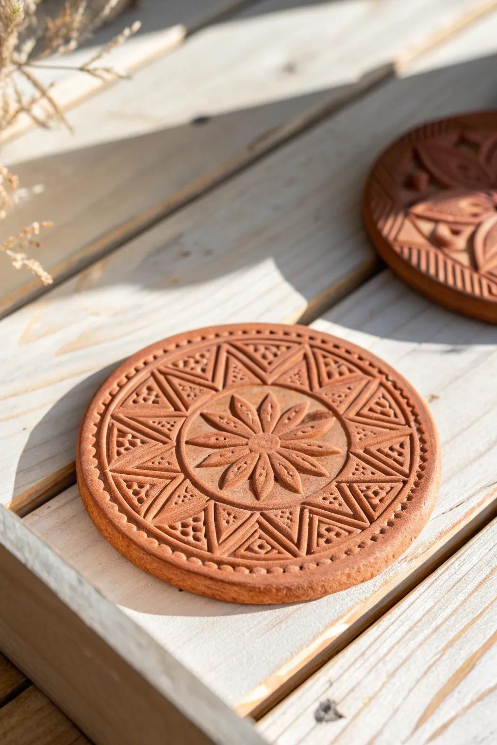 Elevate your coffee table with artisanal stamped terracotta coasters, where simplicity meets natural beauty.