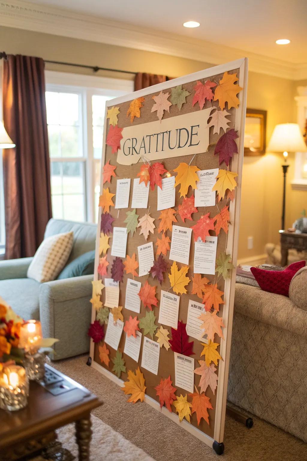 A Thankful Leaves bulletin board filled with heartfelt notes.