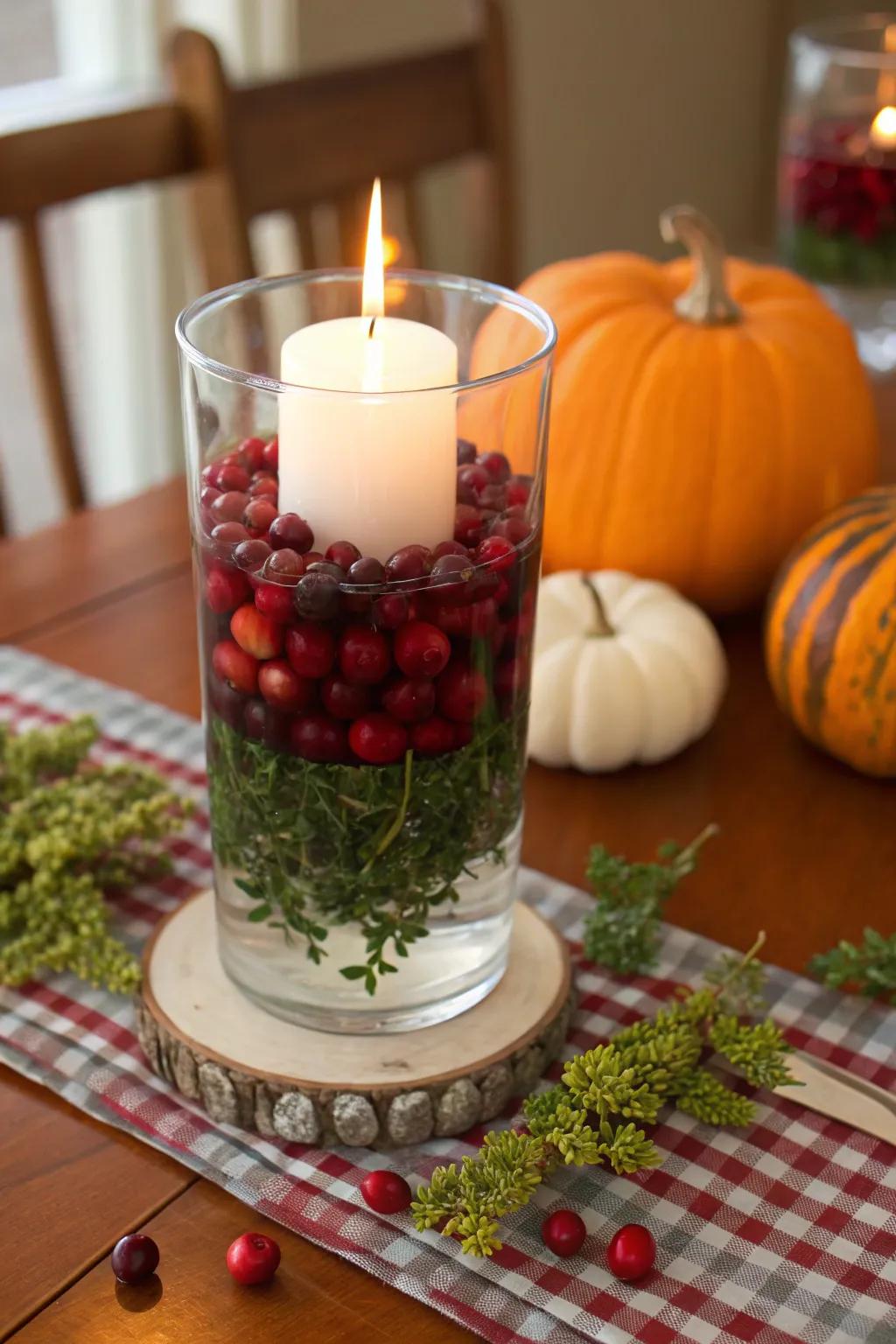 A festive centerpiece with cranberries and boxwood, perfect for adding a splash of color to your Thanksgiving table.