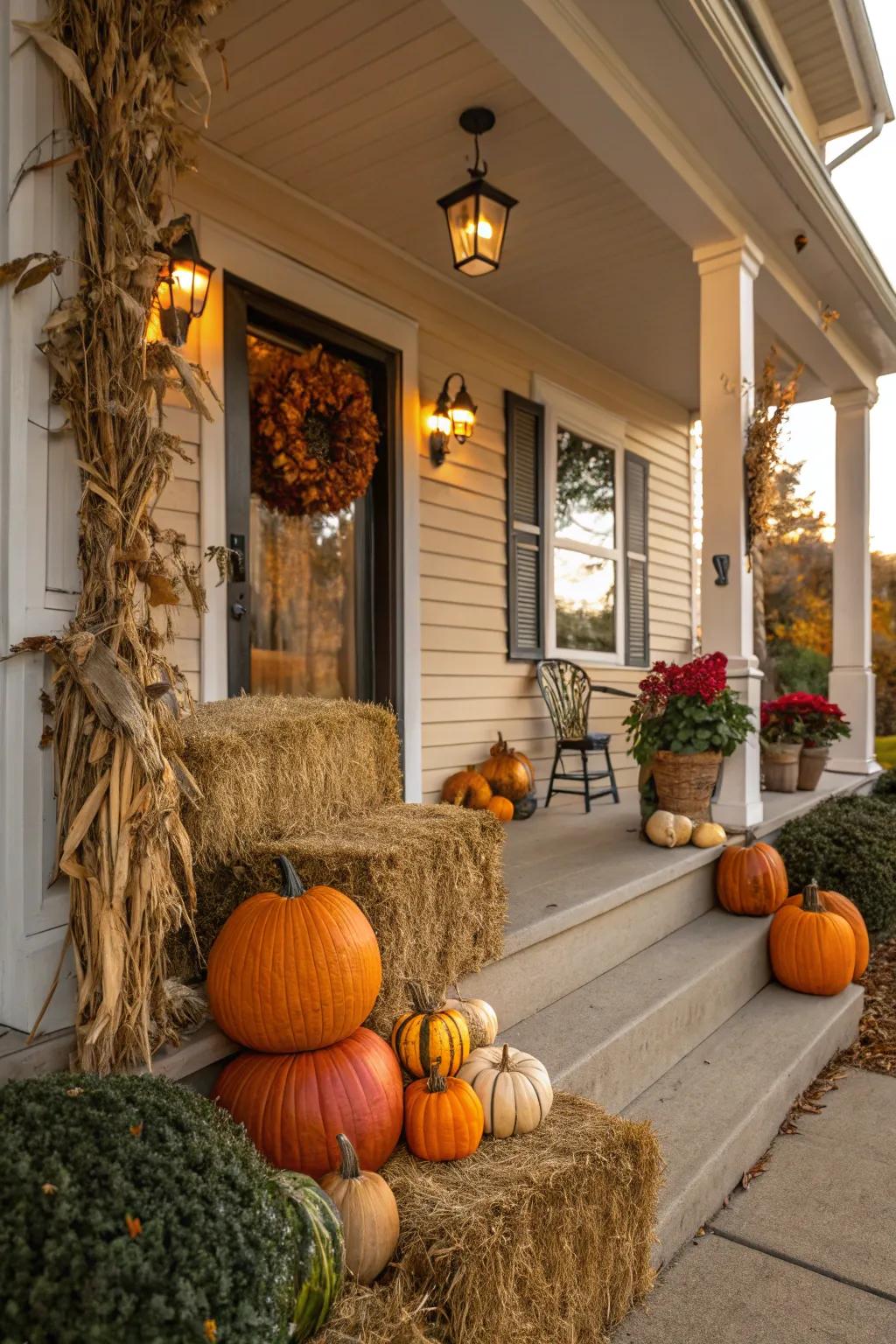 A warm and inviting entrance with hay bales and pumpkins.