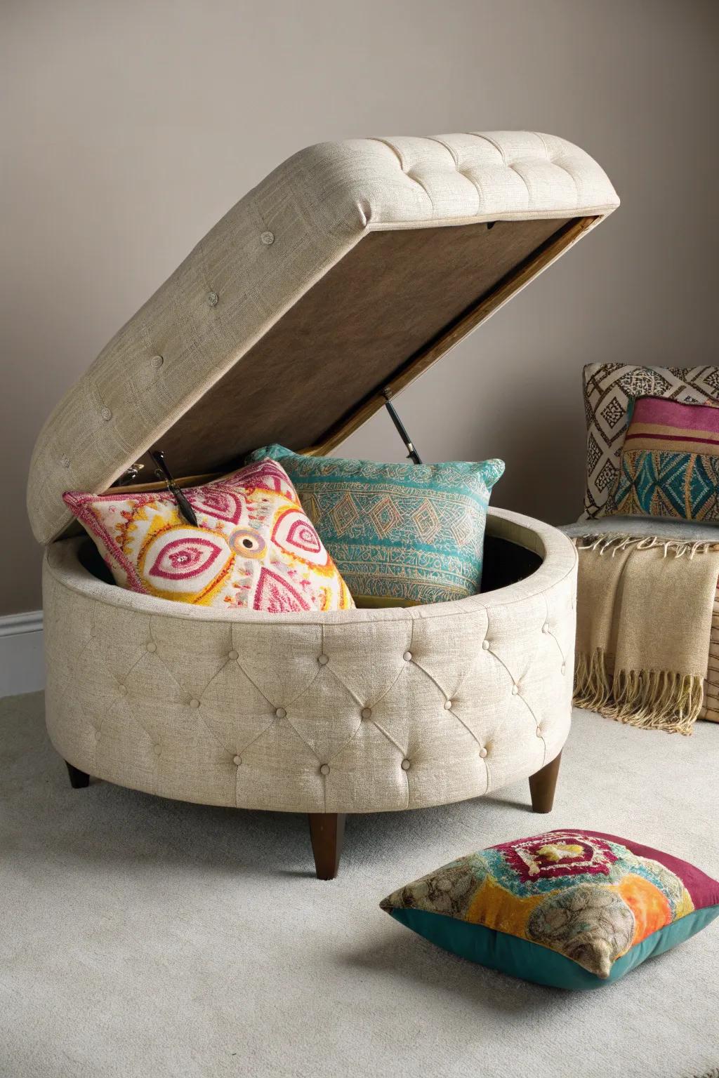 An elegant ottoman discreetly storing throw pillows.