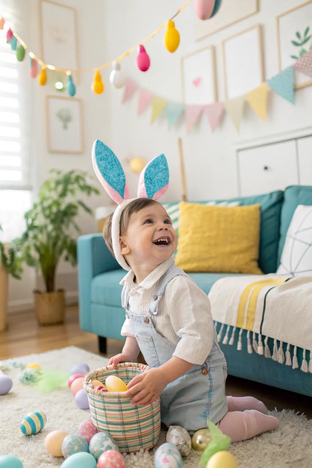 A little one proudly sporting their DIY bunny ears, ready for Easter fun.