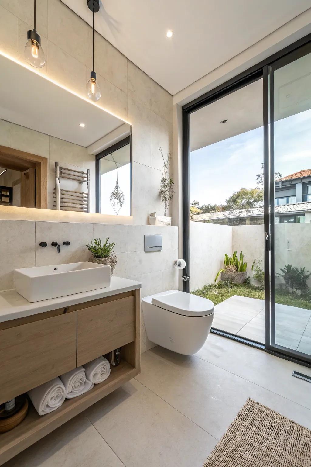 A floating toilet in a modern bathroom creates a spacious and sleek look.