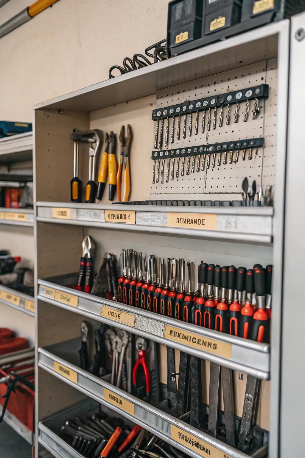 Tools grouped by type on different shelves in a tool crib.