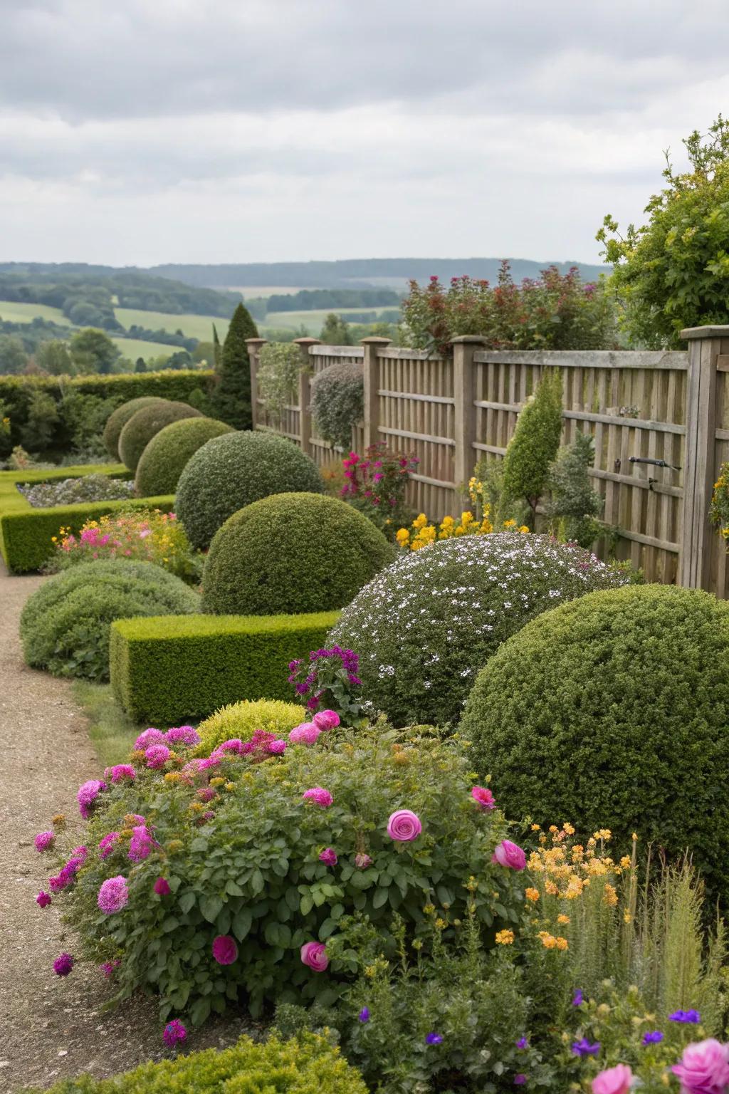 Perfectly trimmed boxwood spheres in a garden setting.