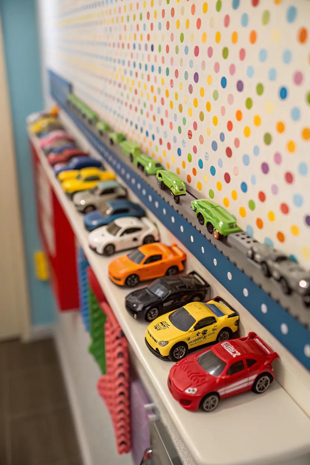 Toy cars displayed on a magnetic strip against a vibrant wall.