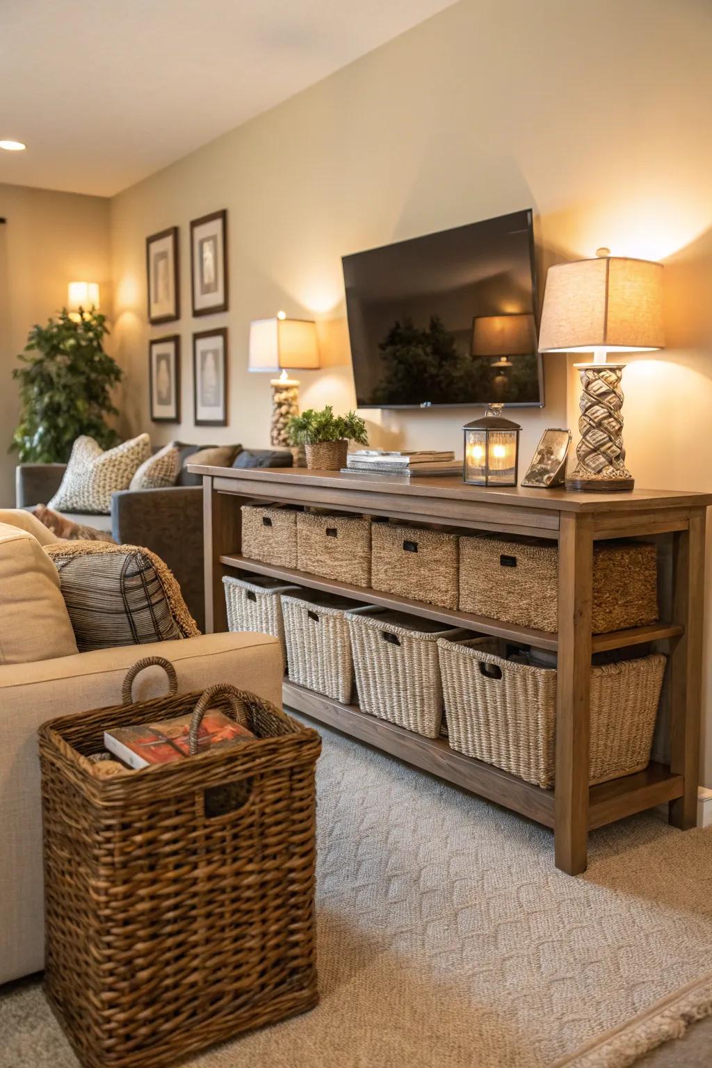 Woven baskets under a console table offer stylish toy storage.