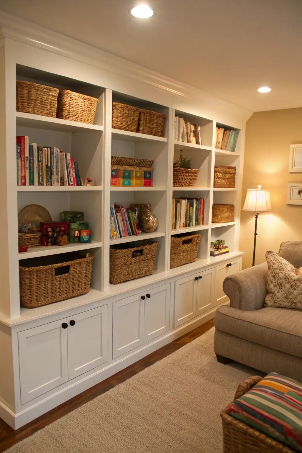 Built-in bookcases with decorative baskets for hidden toy storage.