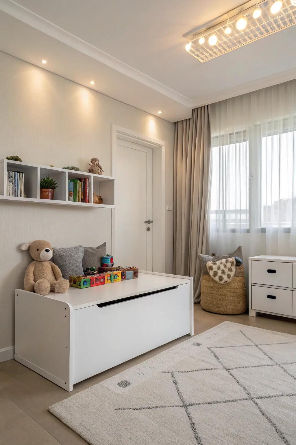 A minimalist toy box in a modern playroom keeps the space clutter-free and stylish.