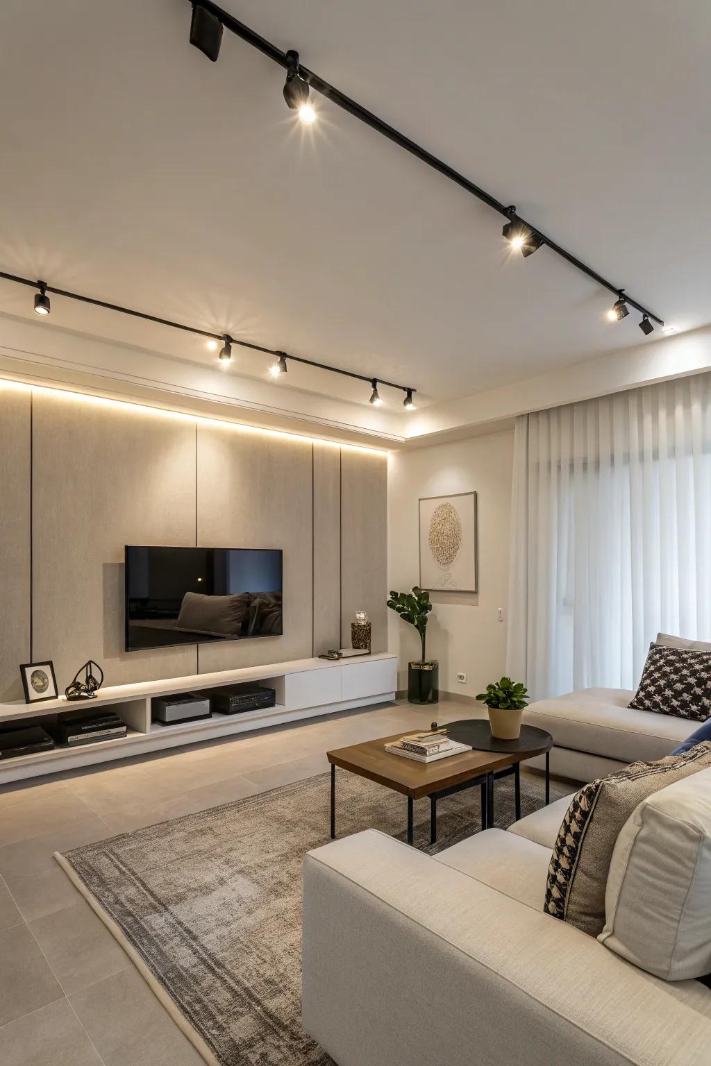 Minimalist track lighting adding a clean aesthetic to the living room.