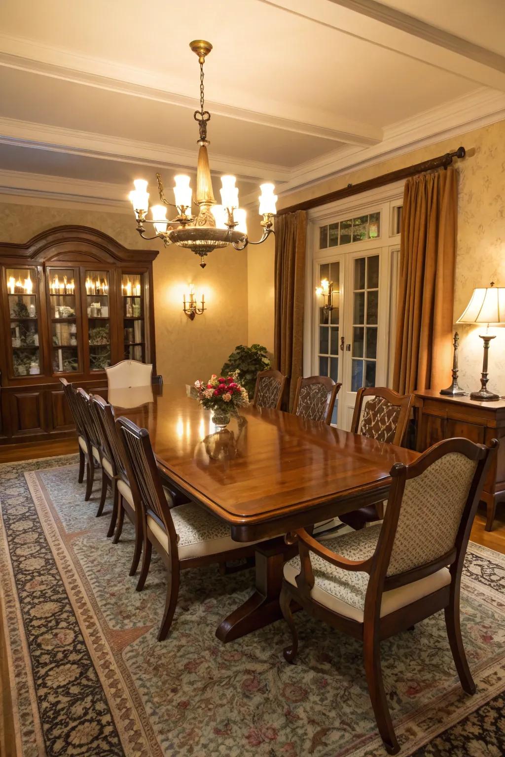 A robust wooden dining table, the centerpiece of a traditional dining room.