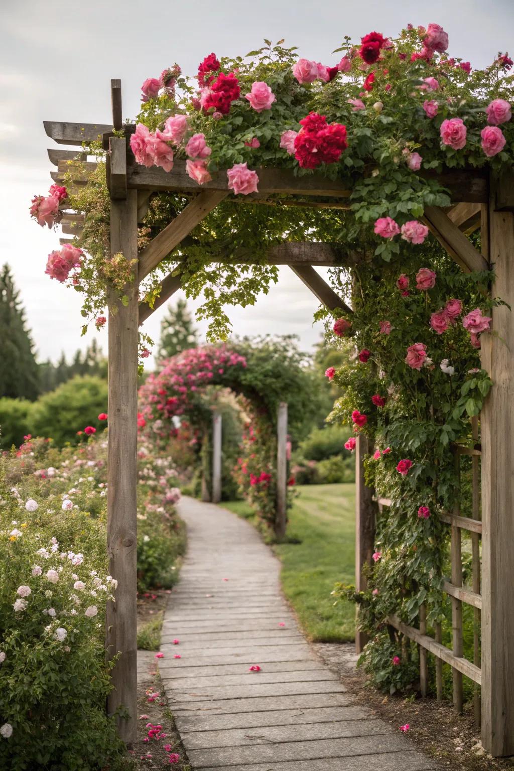 A floral gateway welcomes you into a lush garden.