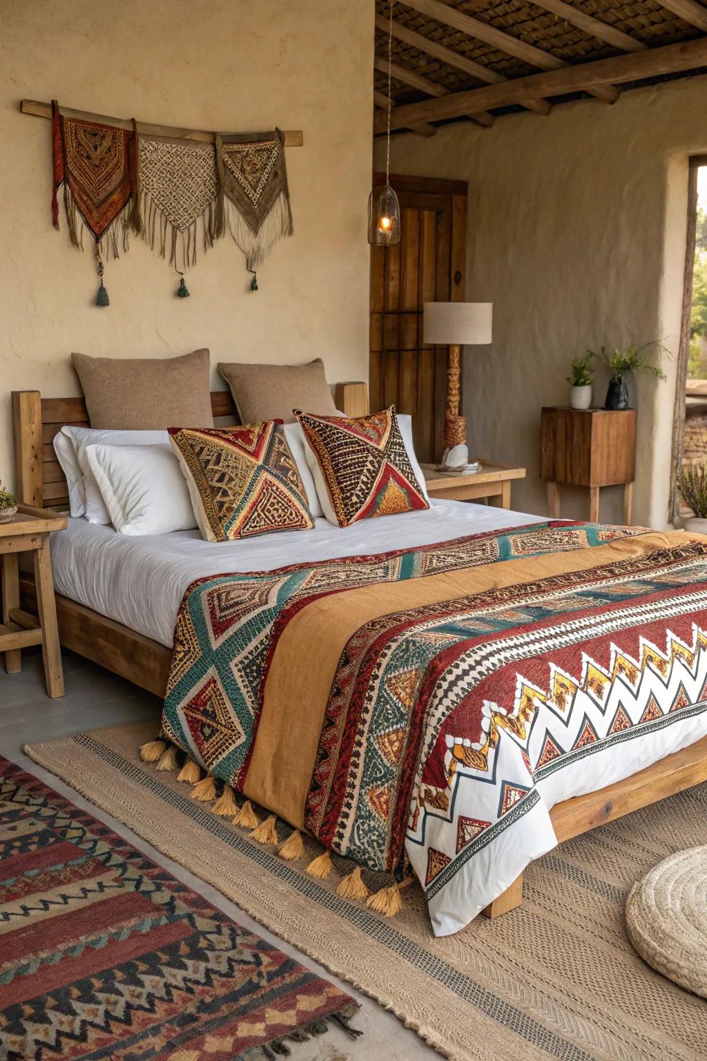 Patterned textiles breathe life into a tribal-themed bedroom.