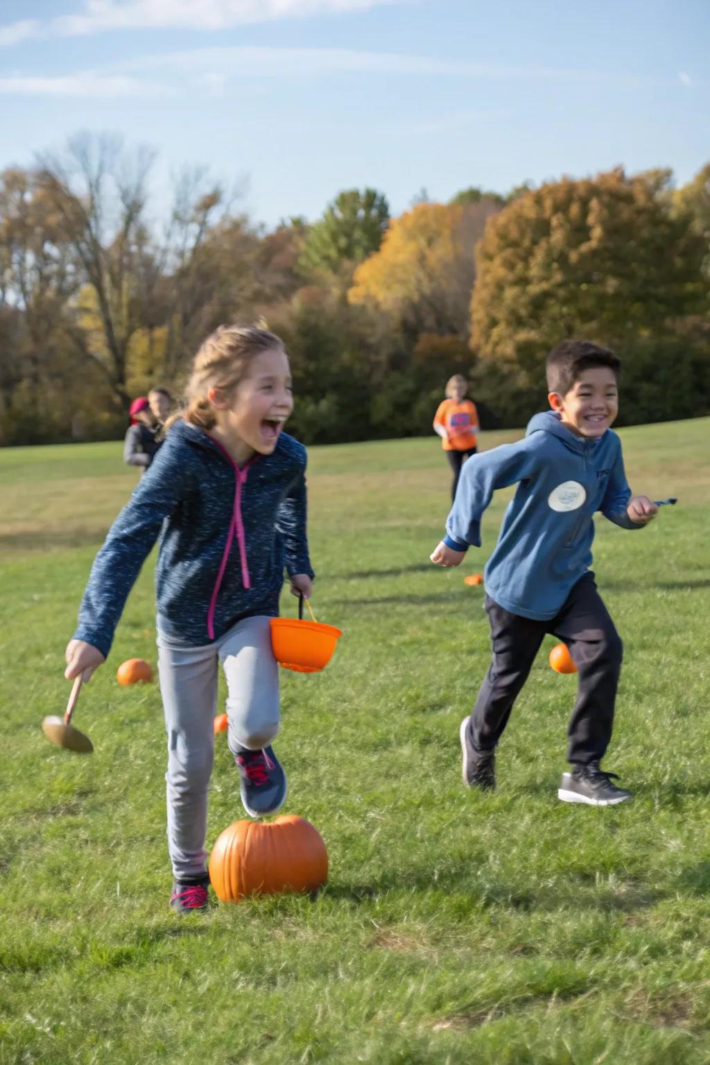 Balance and speed combine in the Pumpkin Spoon Race!