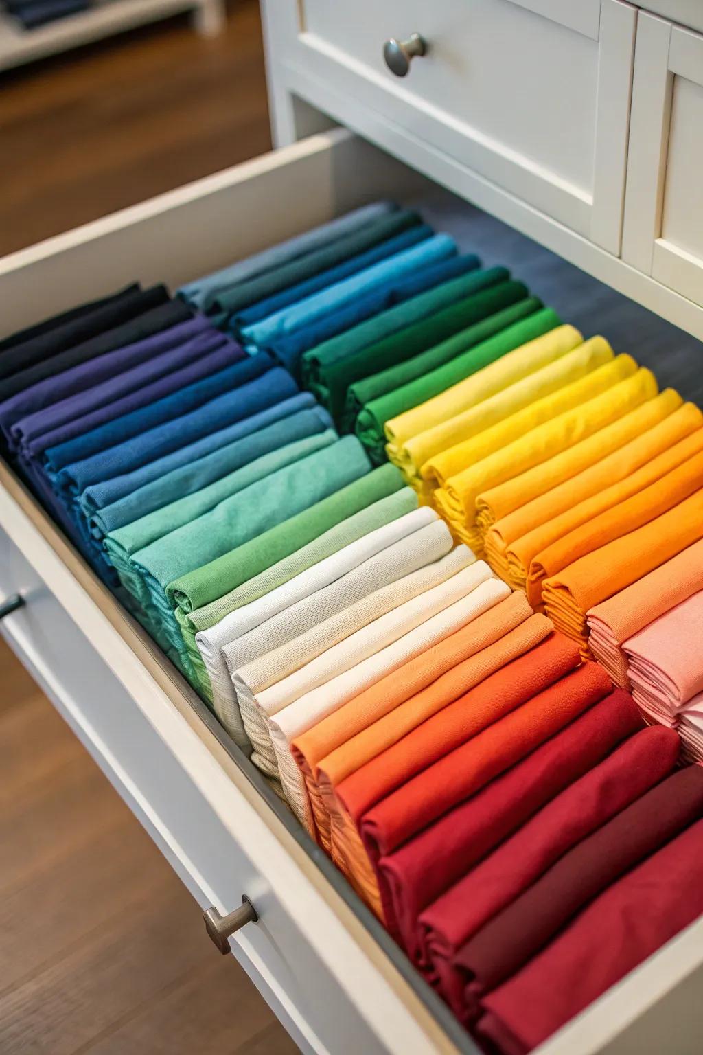 T-shirts neatly file-folded and organized by color in a drawer.