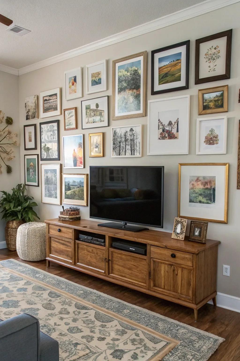 A gallery wall can make your TV feel like a part of the art collection.