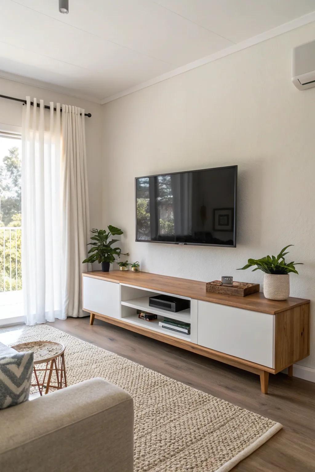 A floating TV stand adds a modern touch to any room.