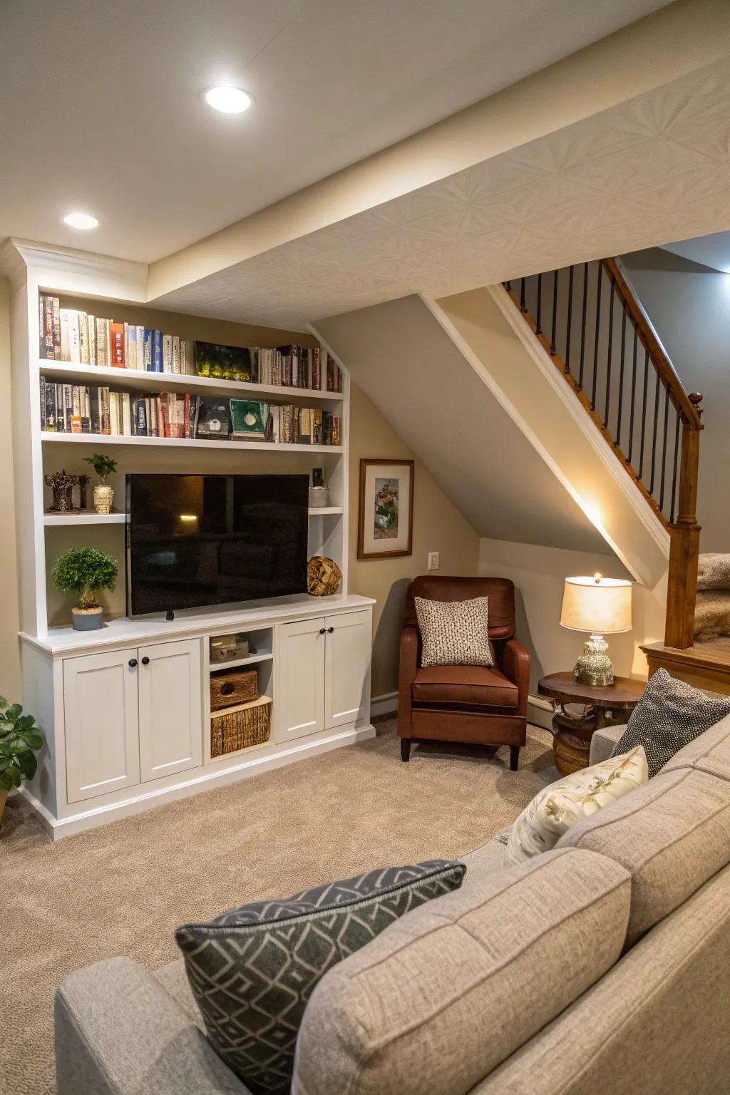 A cozy family nook under the stairs with a TV and bookshelves.