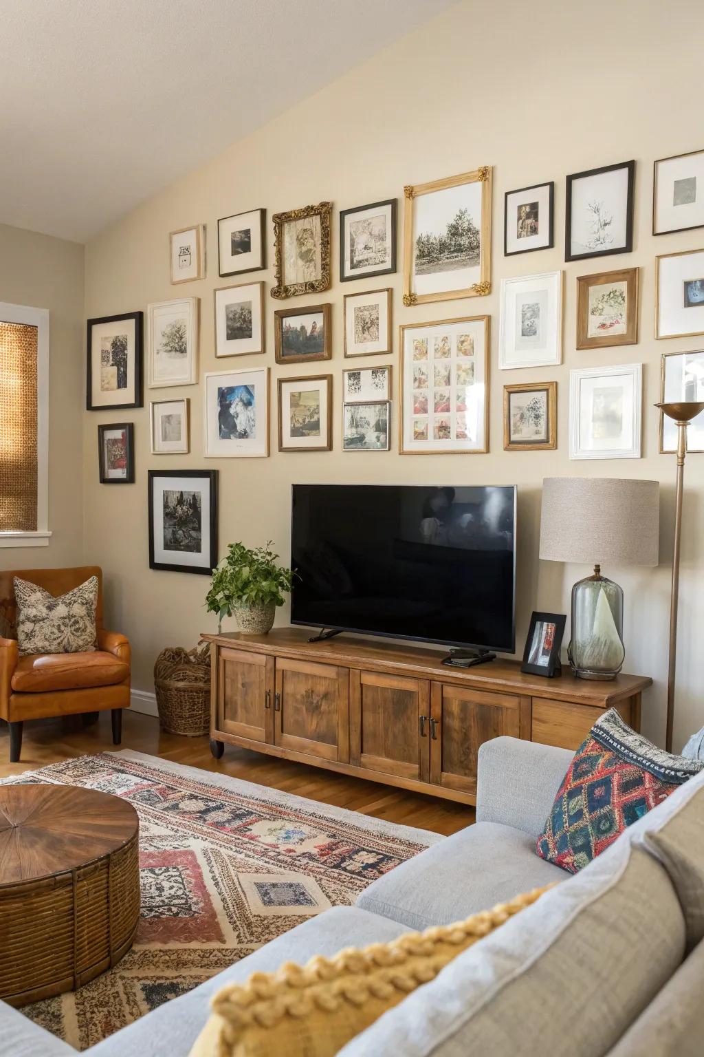 Create a dynamic gallery wall around your TV for a personal touch.