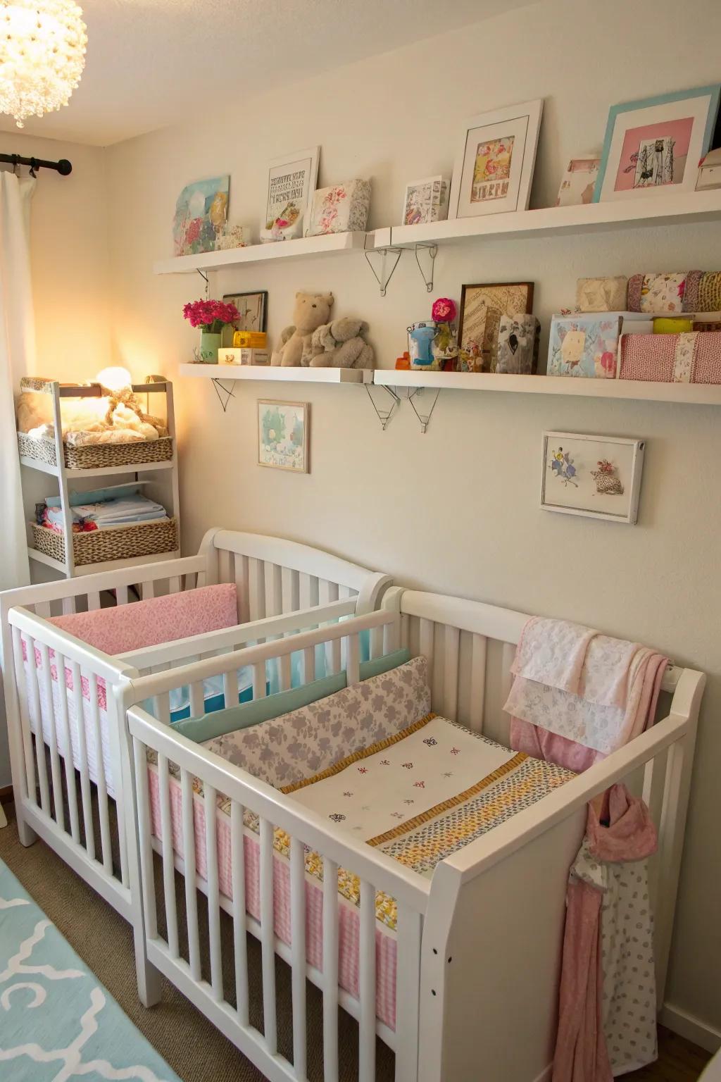 Maximizing space with vertical shelving in a small nursery.