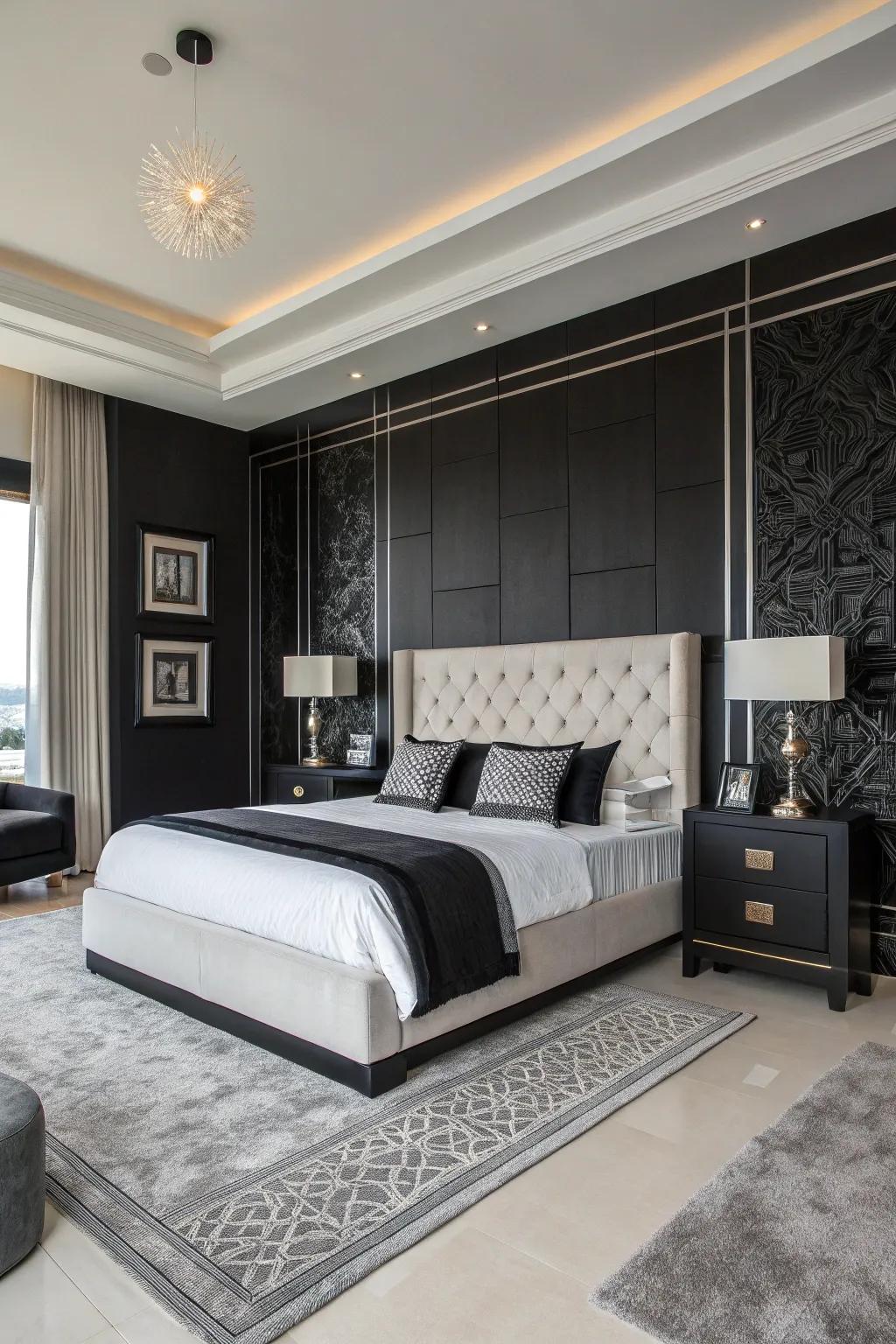 A sophisticated black and white two-tone bedroom with modern elements.