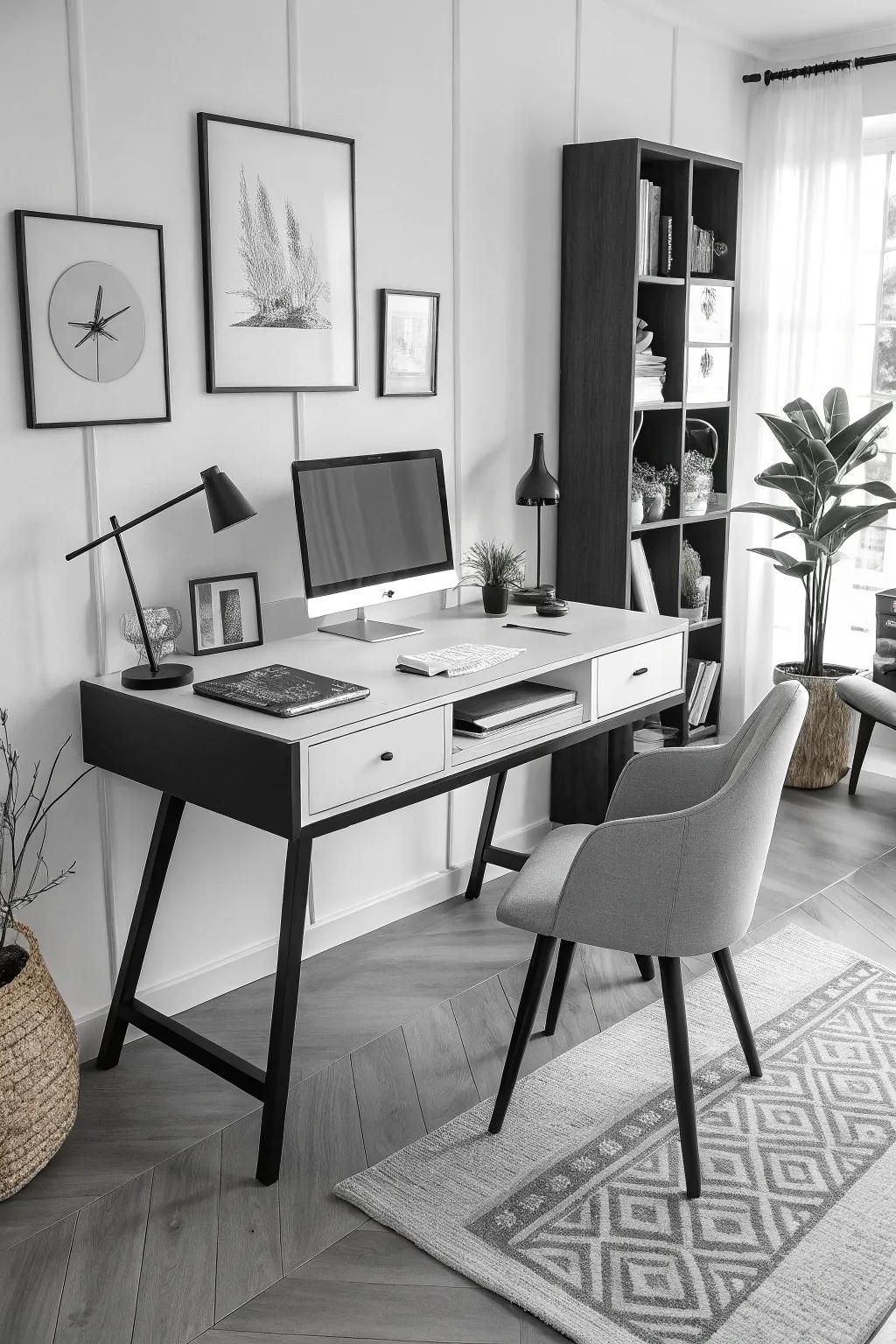 A classic black and white two-tone desk creates a bold statement.