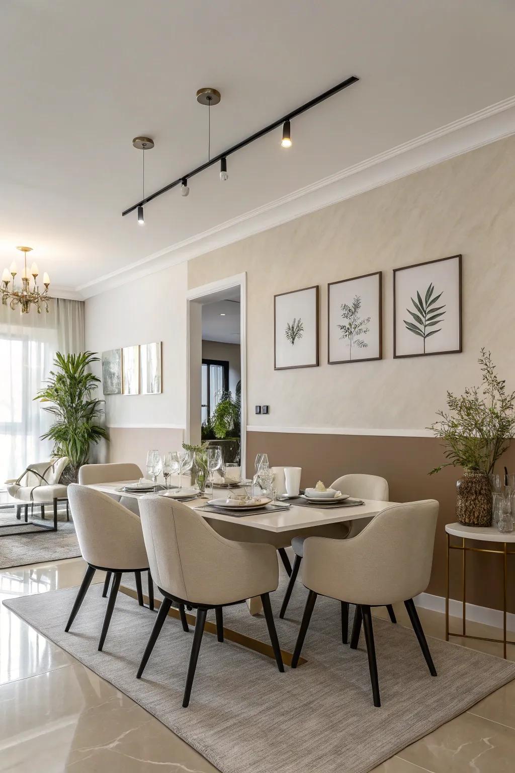 A modern dining room featuring a classic horizontal two-tone wall.