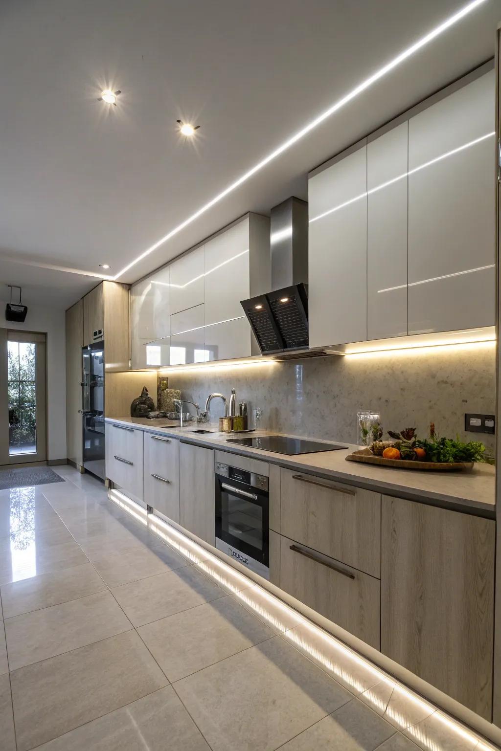 LED light bars offer a sleek and modern look under kitchen cabinets.