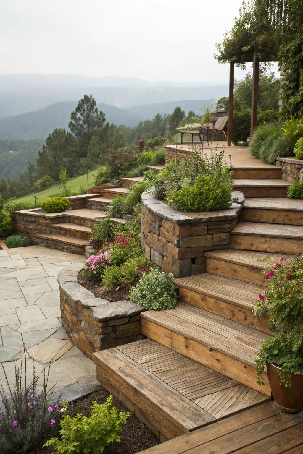 Terraced levels on a patio create a dynamic and inviting outdoor space.