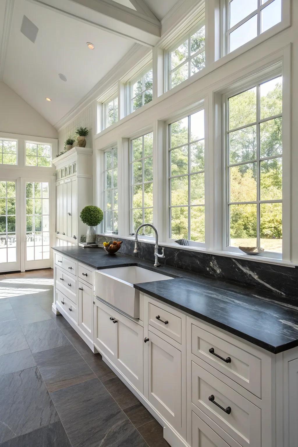 Soapstone countertops add a sophisticated touch with their smooth, dark finish.