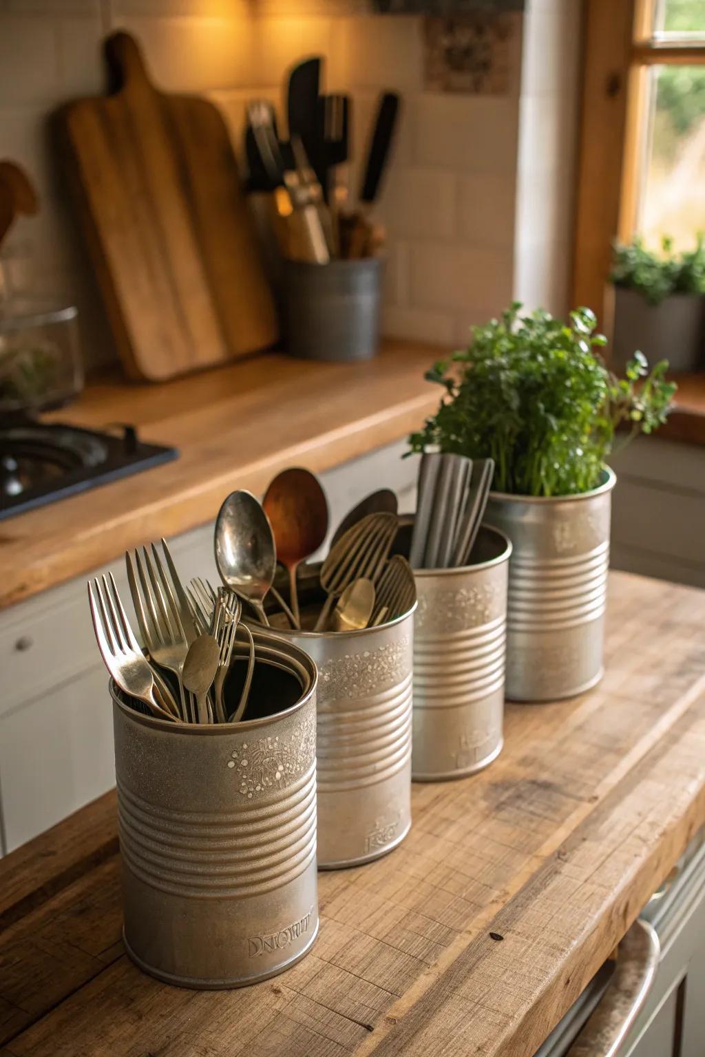 Vintage tins make charming and functional utensil holders.