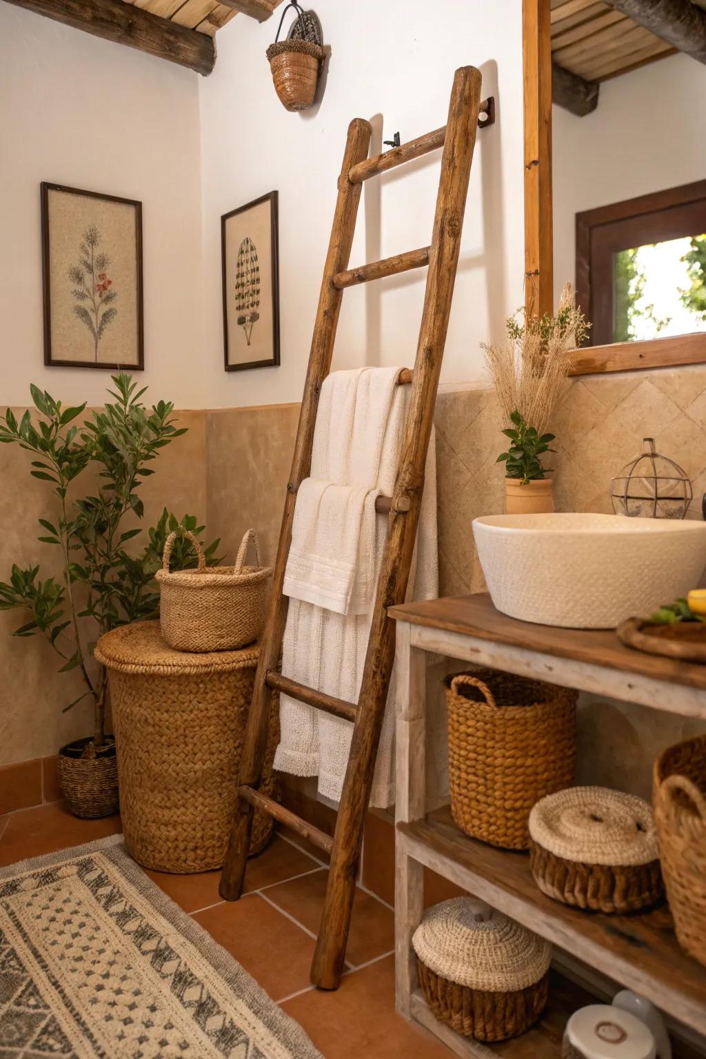 A vintage ladder adds rustic charm and functionality to your bathroom.