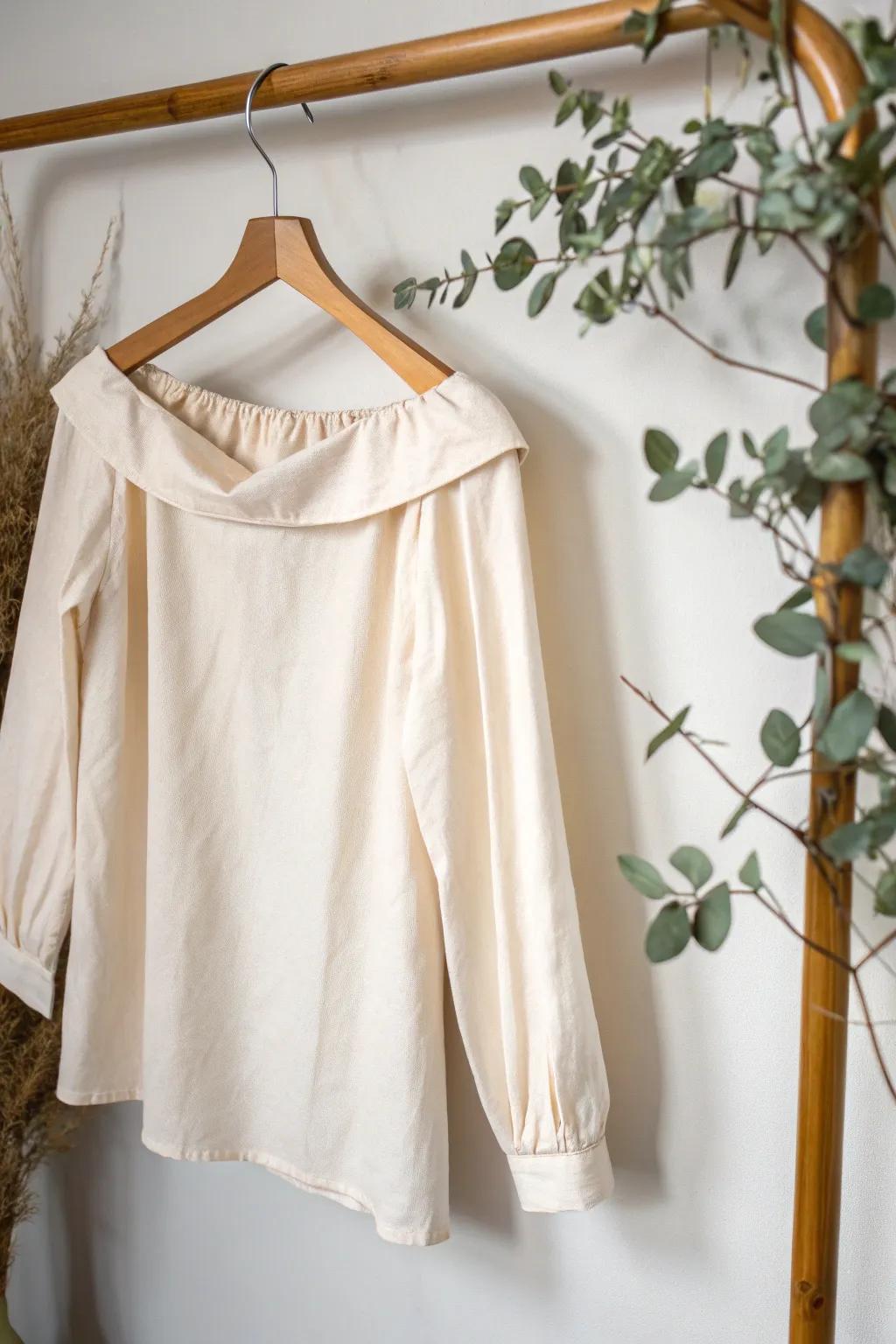 Reinvent your wardrobe: A simple cut transforms an old shirt into a chic off-shoulder summer staple. 🌿 #UpcycleFashion #MinimalistStyle