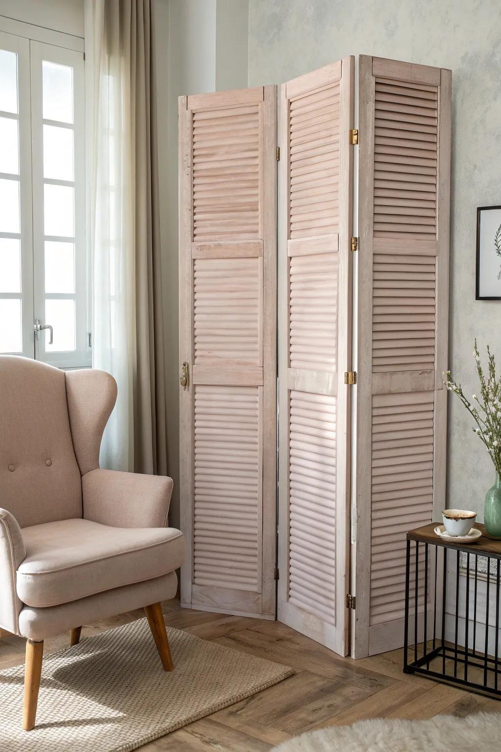 Transform louvered doors into a chic room divider for a stylish, private retreat.