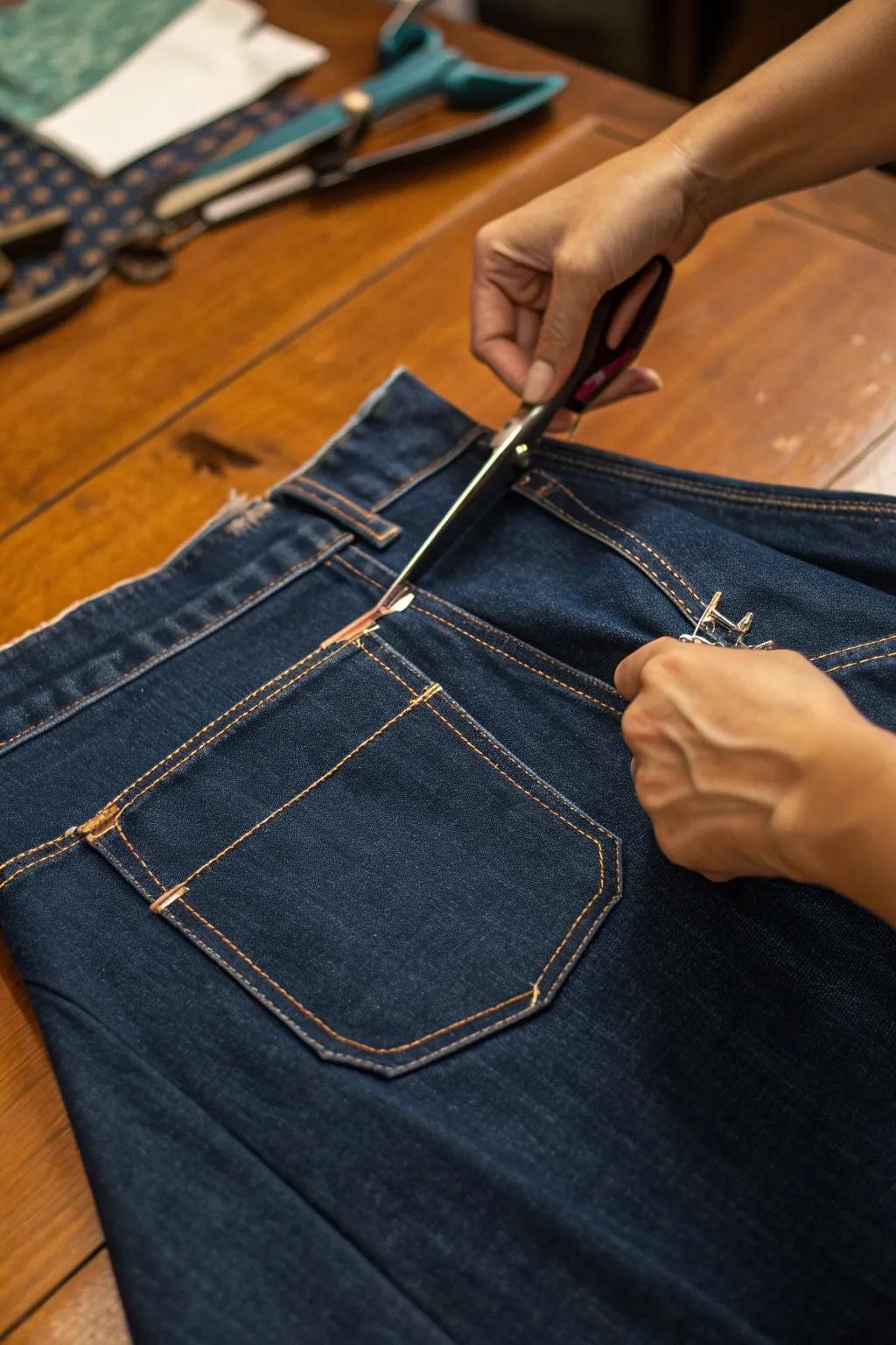 Master the art of transformation: Turn your old jeans into a chic skirt with these simple steps.