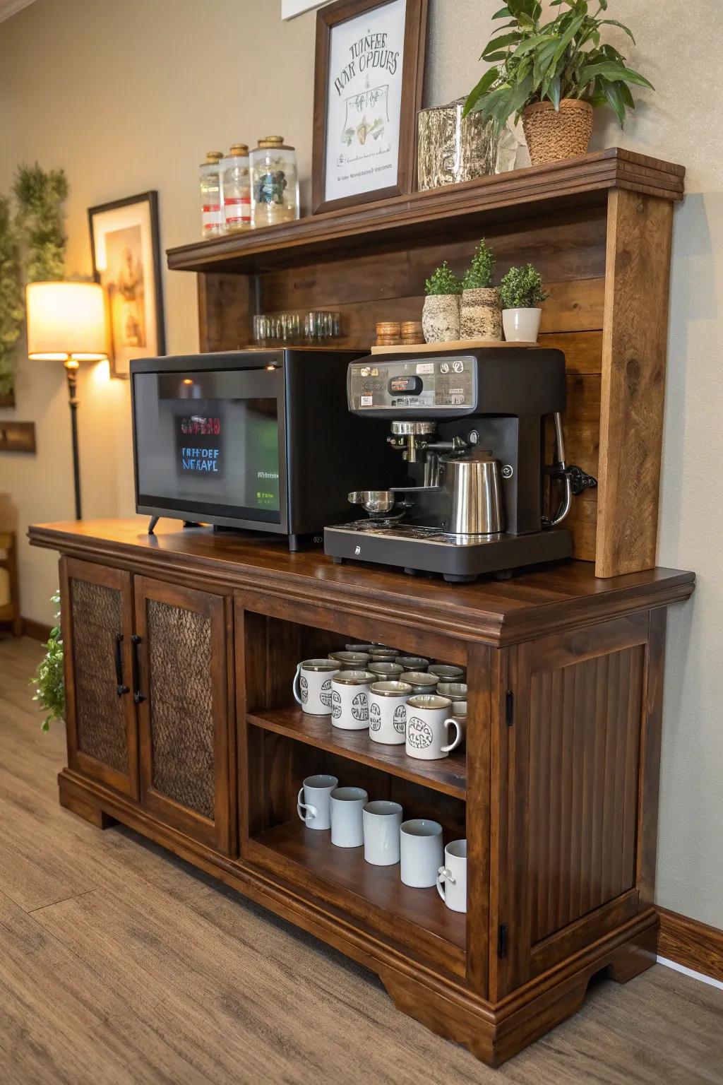 Transform your old TV stand into a charming coffee bar for a cozy morning ritual.