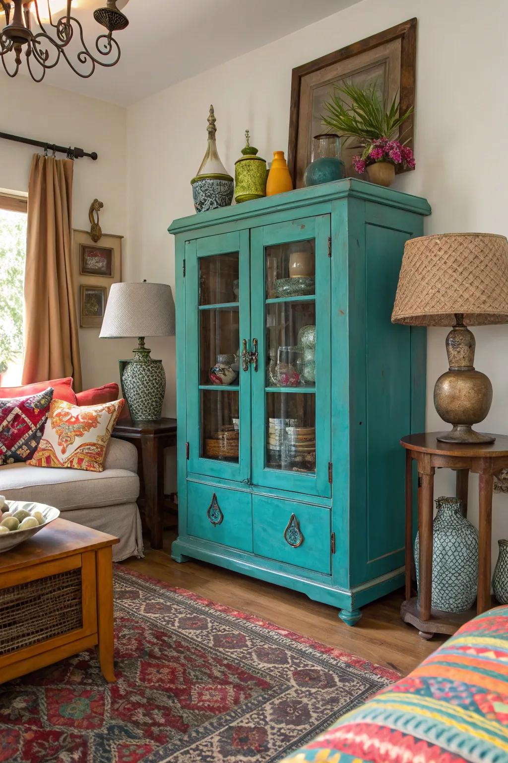 A vibrant teal cabinet brings a pop of color to any space.